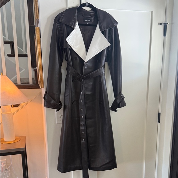 Seroya Estelle Ash Brown and White Women's vegan leather Trench Coat - Picture 5 of 11
